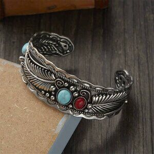 ✨ Vintage Style Turquoise Cuff Bracelet  boho Southwestern Tribal Leaf